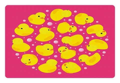 Ambesonne Rubber Duck Pet Mat for Food and Water, Fun Duckies Circle Pattern Bath Toys Bubbles Animal Print, Non-Slip Rubber Mat for Dogs and Cats, 18" X 12", Yellow Pink