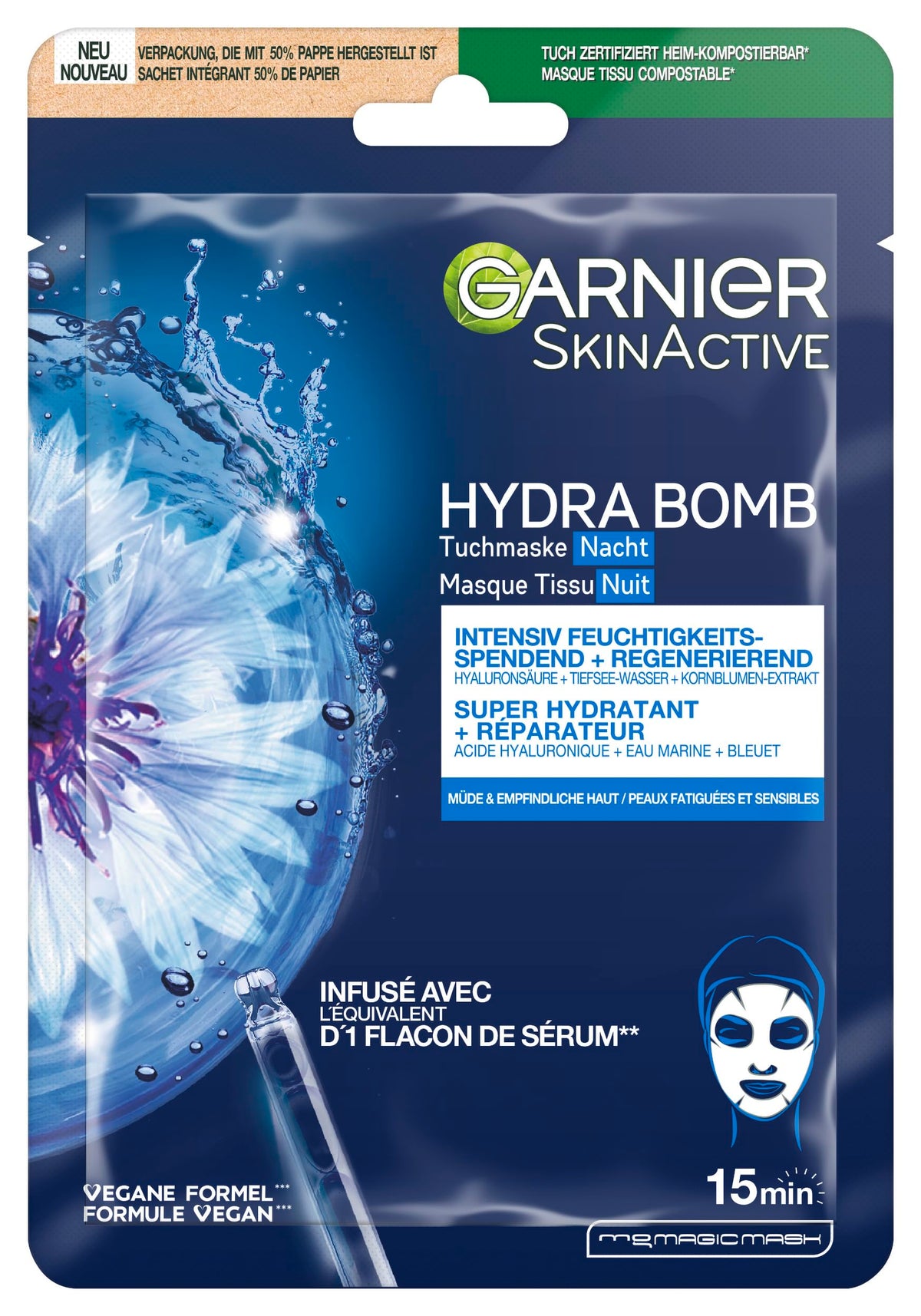 Garnier Cloth Mask Night, Face Mask for Tired and Sensitive Skin, Regenerating and Moisturising, with Hyaluronic Acid, Deep Food Water and Cornflower Extract, Hydra Bomb, 28 g