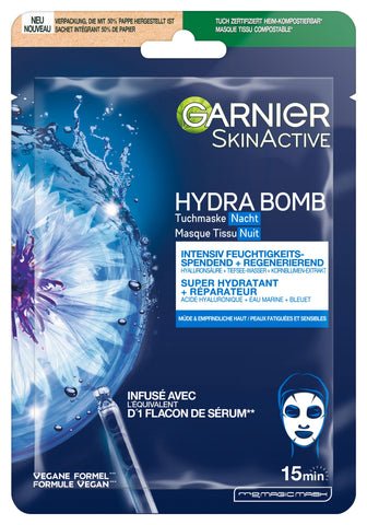 Garnier Cloth Mask Night, Face Mask for Tired and Sensitive Skin, Regenerating and Moisturising, with Hyaluronic Acid, Deep Food Water and Cornflower Extract, Hydra Bomb, 28 g
