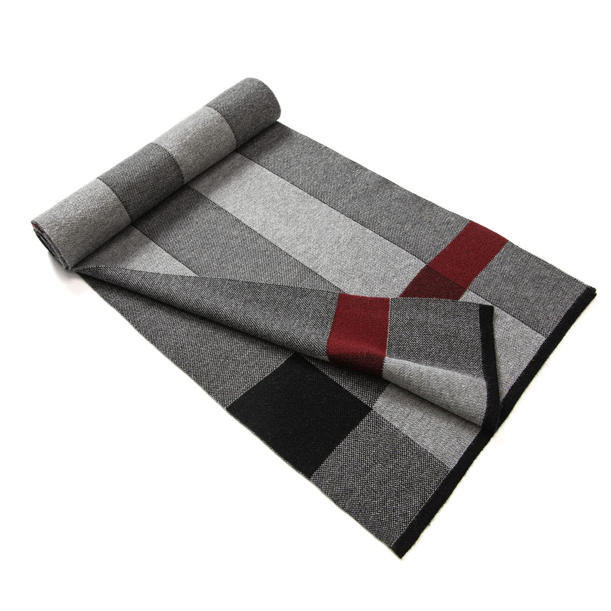 Lindoro Merino Wool Scarf for Men, Tartan Warm Lightweight Plaid Winter Long Scarves w/Gift Box (Black & Gray)