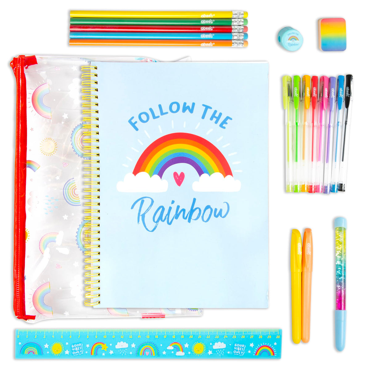 abeec Rainbow Pencil Case with Stationery Included - Stationary Sets for Girls - Includes Gel Pens, A4 Notebook, Glitter Pen and Highlighters - School Stationary Set