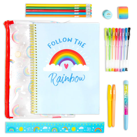 abeec Rainbow Pencil Case with Stationery Included - Stationary Sets for Girls - Includes Gel Pens, A4 Notebook, Glitter Pen and Highlighters - School Stationary Set