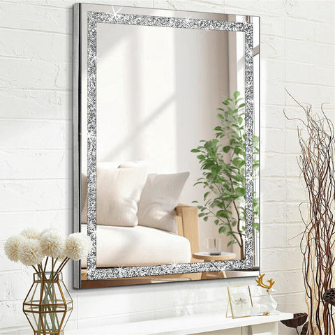 HLFMVWE Crystal Diamond Sparkly Square Silver Mirror for Wall Decoration 12x16 inch Wall Hang Frameless Bling Stylish Gorgeous Glam Mirror Vanity Home Decor Hallway Bathroom Bedroom Living Room