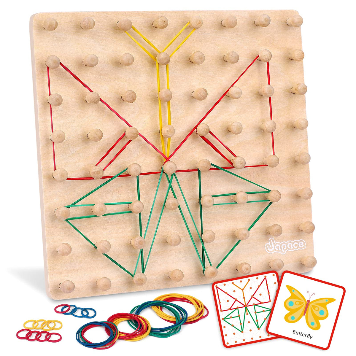 Japace Geoboard Wood, Montessori Toy from 4 5 6 Years, Shapes Countless Figures on the Board, 32 Pattern Cards and 50 Rubber Bands, Motor Skills Toy, Educational Toy for Children, Gift Boys Girls