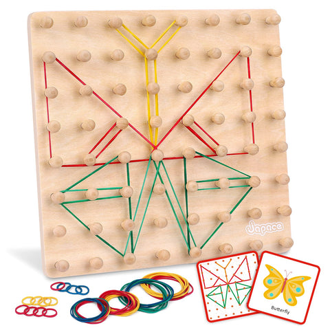 Japace Geoboard Wood, Montessori Toy from 4 5 6 Years, Shapes Countless Figures on the Board, 32 Pattern Cards and 50 Rubber Bands, Motor Skills Toy, Educational Toy for Children, Gift Boys Girls