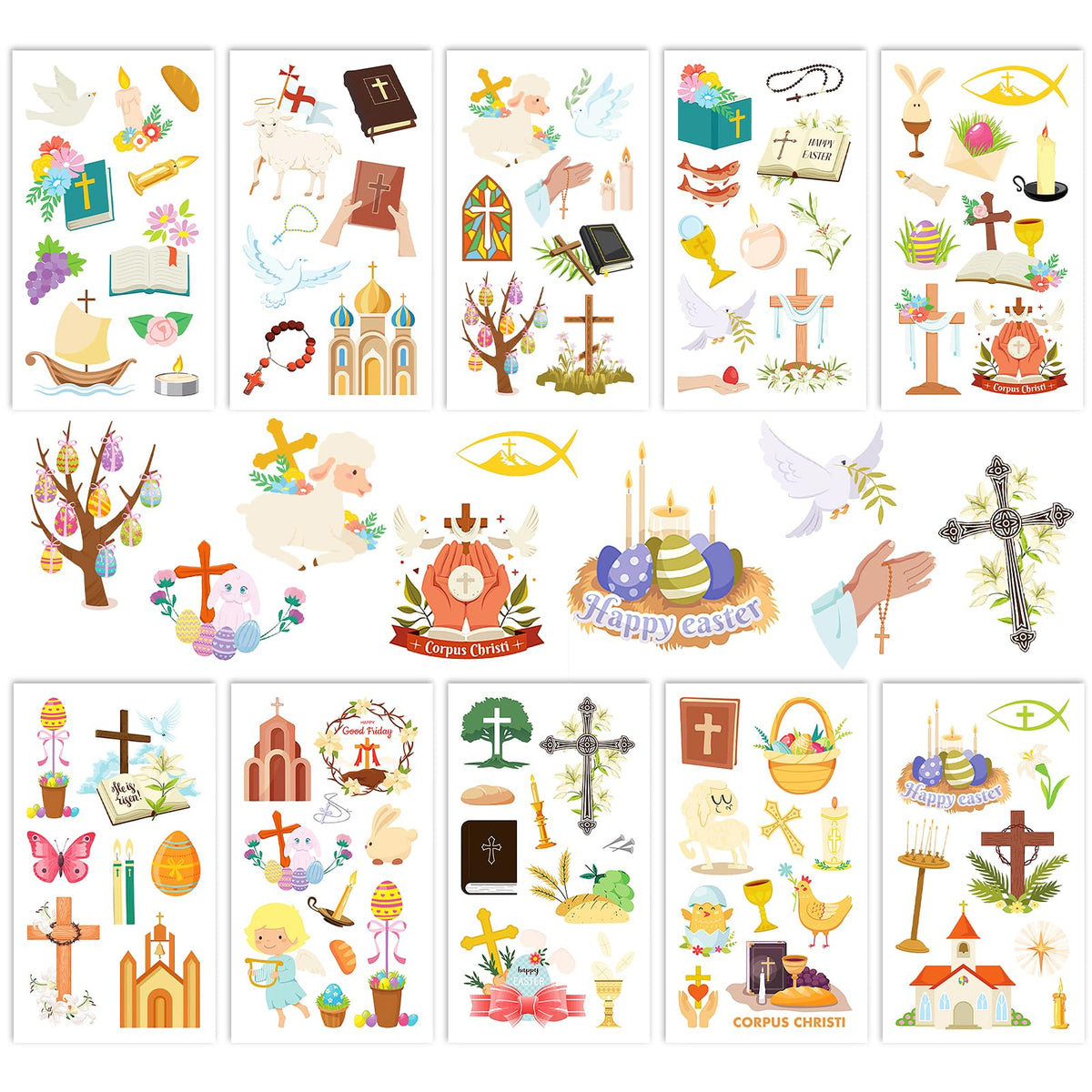 HOWAF 90+ pcs Religions Christian Temporary Tattoos, 10 Sheets Jesus Christian He is Risen Easter Temporary Tattoos for Face Hand Body, Waterproof Tattoos Stickers for Easter Spring Party Favors