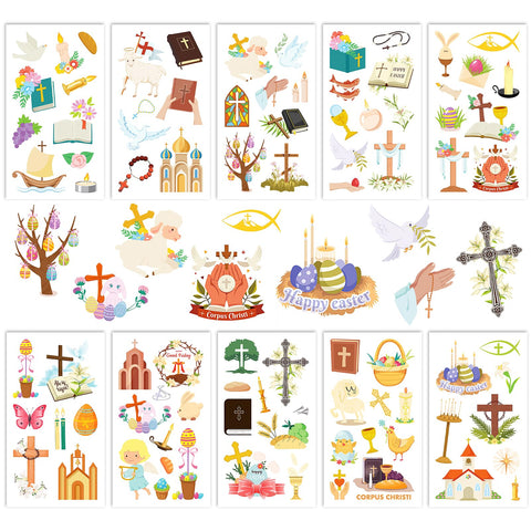 HOWAF 90+ pcs Religions Christian Temporary Tattoos, 10 Sheets Jesus Christian He is Risen Easter Temporary Tattoos for Face Hand Body, Waterproof Tattoos Stickers for Easter Spring Party Favors