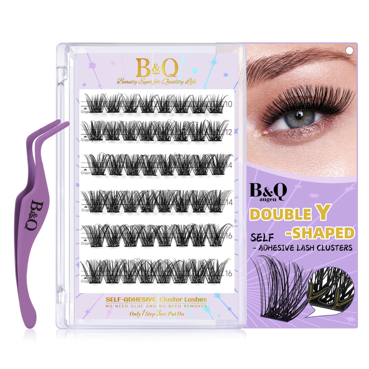 B&Q Self Adhesive Eyelashes 48PCS Reusable Adhesive Eyelashes Pre-Glued Cluster Lashes D Curl No Glue Eyelashes 10-16mm with Lash Tweezers 1 Step DIY Lash Self Stick Easy to Apply (SA04-D,10-16mm)