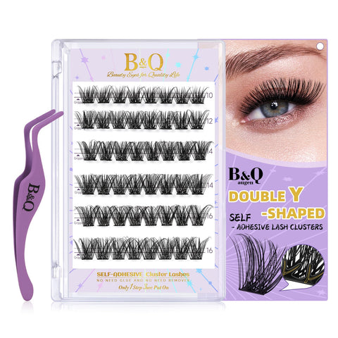 B&Q Self Adhesive Eyelashes 48PCS Reusable Adhesive Eyelashes Pre-Glued Cluster Lashes D Curl No Glue Eyelashes 10-16mm with Lash Tweezers 1 Step DIY Lash Self Stick Easy to Apply (SA04-D,10-16mm)