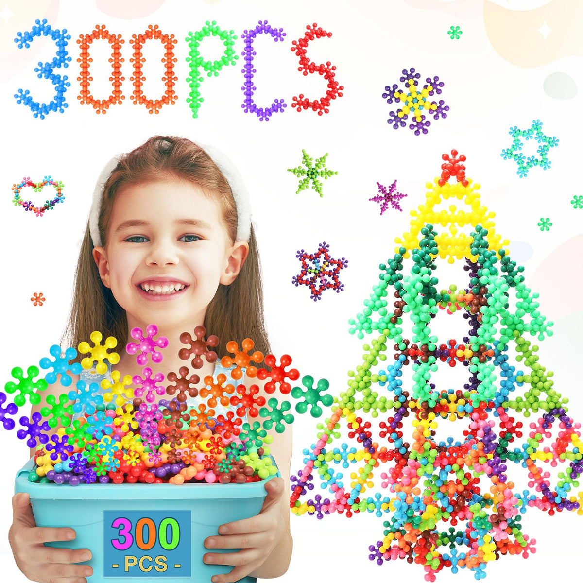 300 Pieces Building Toys, Building Blocks for Kids STEM Toys Educational Interlocking Connect Block Snowflake Toys, Preschool Manipulatives Sets Classroom Toy Birthday Gift for Boys Girls Aged 3+