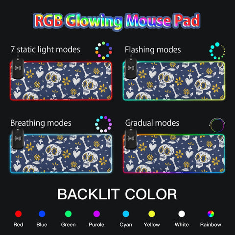 Dead Day Sugar Skull Halloween Wireless Charging Mouse Pad for Mobile Phone Extra Large Gaming Mousepad with 13 Lighting Modes Extended Desk Mat for MacBook PC Laptop Desk Office Home Gaming