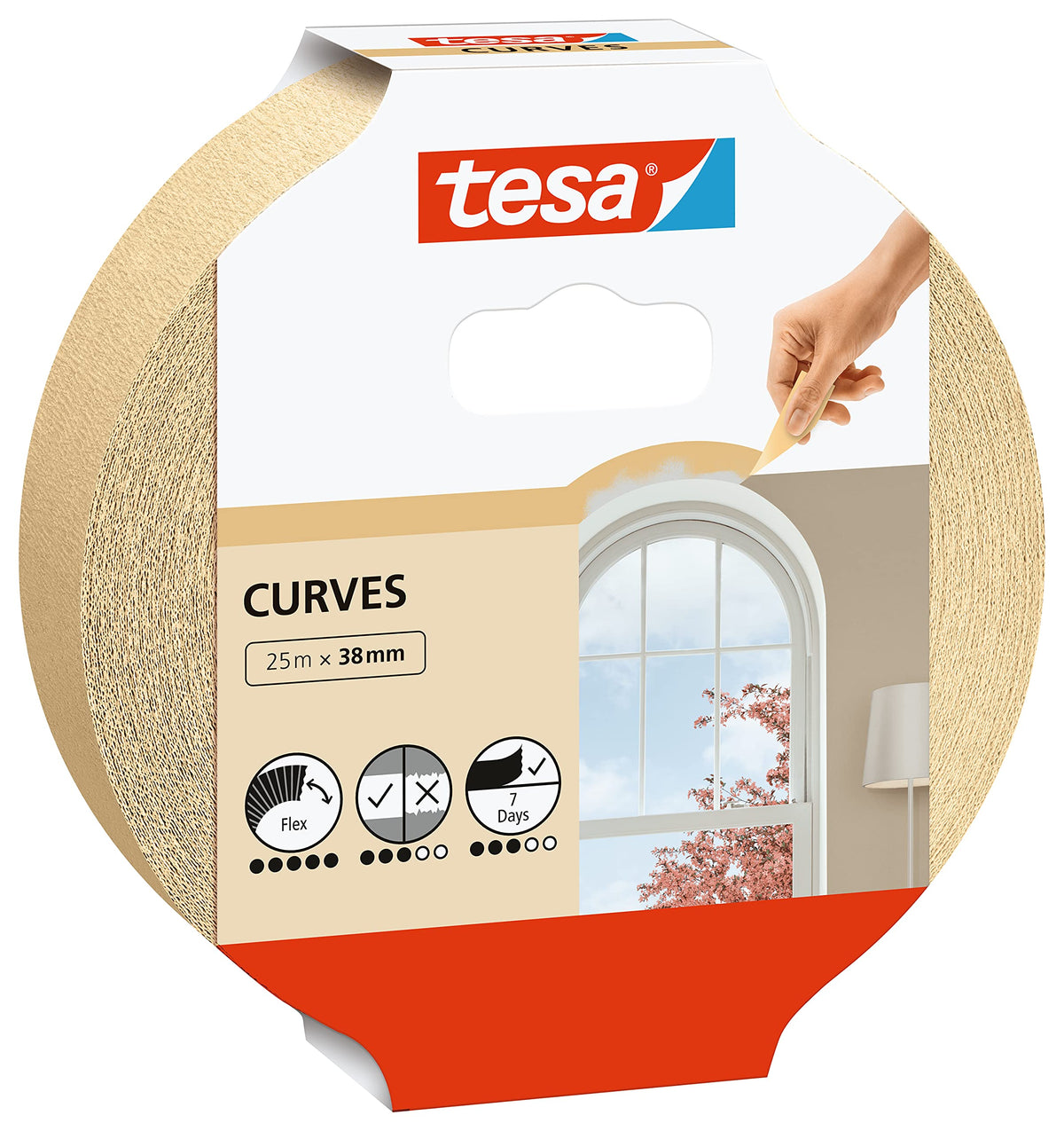 tesa Masking Tape Curves - Curved Tape with Extra Strong Crepe for Masking Curves and Irregular Shapes - for Rough and Smooth Surfaces - 25 mx 38 mm