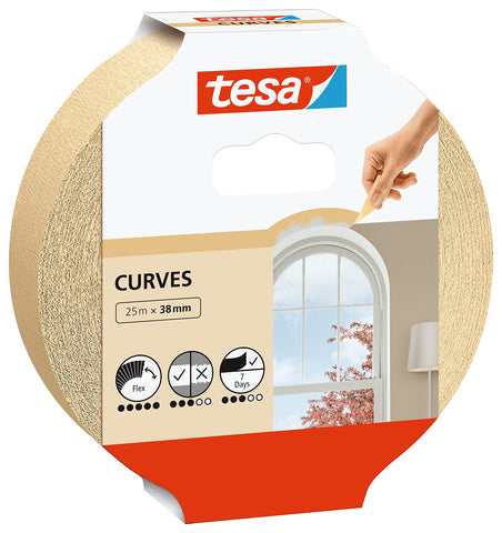 tesa Masking Tape Curves - Curved Tape with Extra Strong Crepe for Masking Curves and Irregular Shapes - for Rough and Smooth Surfaces - 25 mx 38 mm