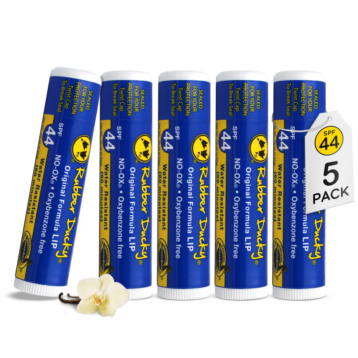 Rubber Ducky Lip Balm SPF 44 - Lip Sunscreen 5 Pack | SPF Lip Balm | Water Resistant | Vegan | Broad Spectrum Lip Care with Vitamin E for Moisturized Lips | Vanilla Flavor | .15 oz Each | Five Pack