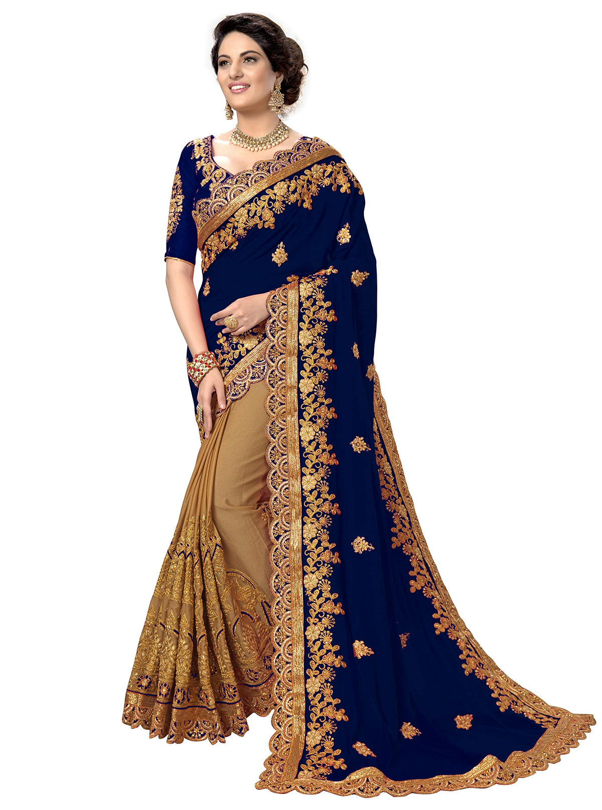 TRENDMALLS Women's Silk Satin Embroidery Saree with Unstitch Blouse Piece (K810-Blue)