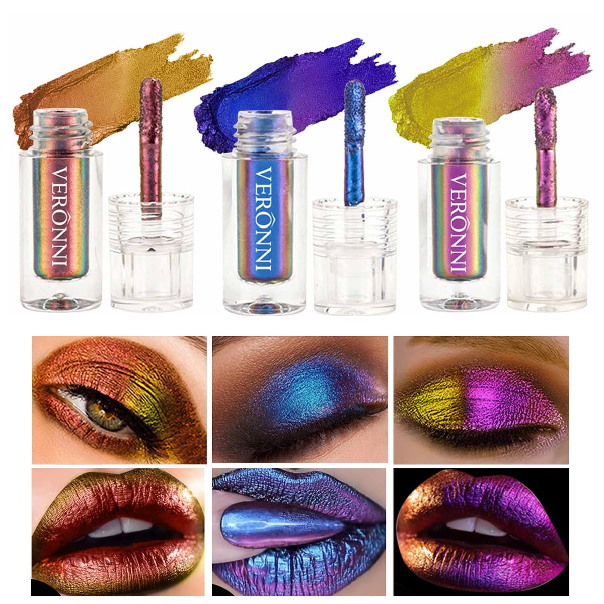 VERONNI Chameleon Eyeshadow,3Colors Liquid Metallic Eyeshadows Color Shifting, Holographic Glitter Multichrome Eye Shadow High Pigmented, Long Lasting and Smudge Proof (#02+04+06)