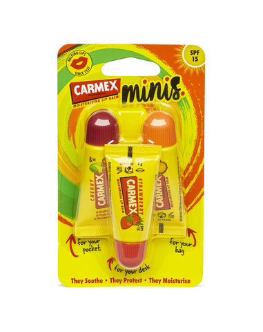 CARMEX Minis Lip Balm Tube Trio Pack, SPF15 (Cherry, Strawberry & Pineapple Mint) Soothes, relieves, and moisturises for soft, healthy-looking lips