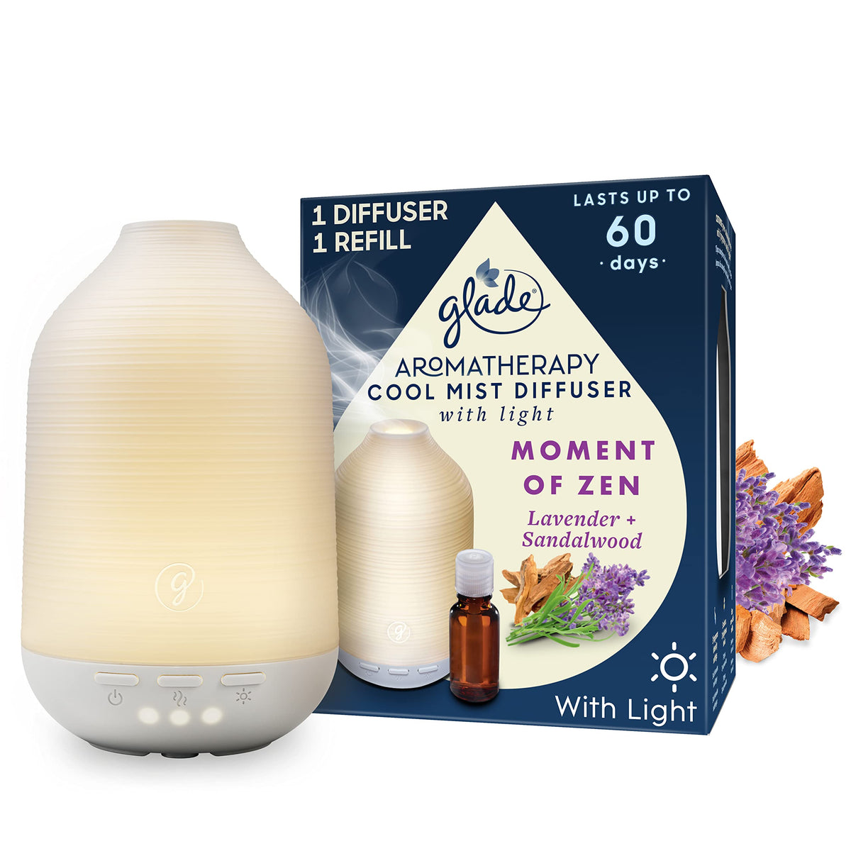 Glade Essential Oil Diffuser Holder & Refill, Cool Mist Aromatherapy Diffuser & Air Freshener for Home, Moment of Zen with Lavender & Sandalwood Scent, 17.4ml