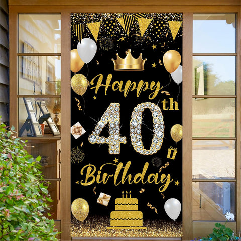 POPOYU Happy 40th Birthday Door Banner,Black Gold 40th Birthday Backdrop Banner for Men Women,Large Fabric Photo Booth Backdrop Background for Him Her 40 Years Old Birthday Party Wall Door Decoration