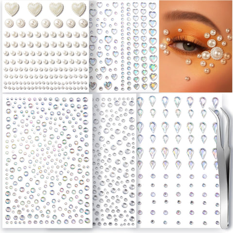 Teenitor Face Gems Self Adhesive Face Rhinestones for Makeup Face Jewels, Stick On Pearls Hair Gems, Pearl Rhinestones Stickers for Face, Hair, Eye, Nail, Body, Crafts