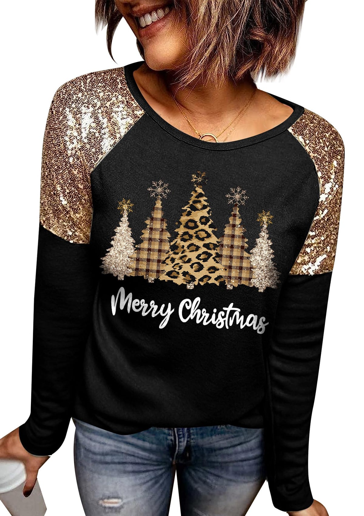 For G and PL Christmas Women's Long-Sleeved Shirt Crew Neck Print Black S-XXL, Black & Christmas Tree, S