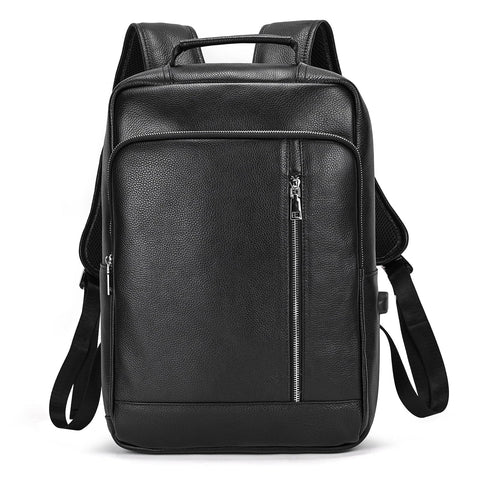 LUUFAN Genuine Leather Backpack Men Casual Daypack Vintage 14" Laptop Rucksack Business Slim Travel Outdoor Shoulder Bag with Trolley Sleeve (Black)