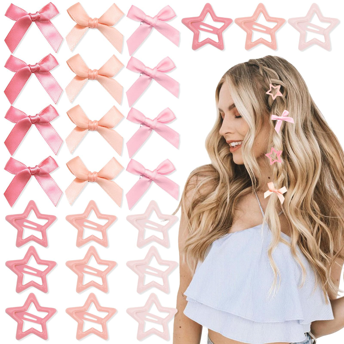 YAEISM Hair Clip, 24PCS Pink Bow and Star Hair Clips Set, Cute Satin Mini Bow Hair Ribbon Non Slip Y2K Hair Barrettes for Girls Women
