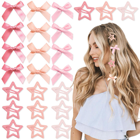 YAEISM Hair Clip, 24PCS Pink Bow and Star Hair Clips Set, Cute Satin Mini Bow Hair Ribbon Non Slip Y2K Hair Barrettes for Girls Women