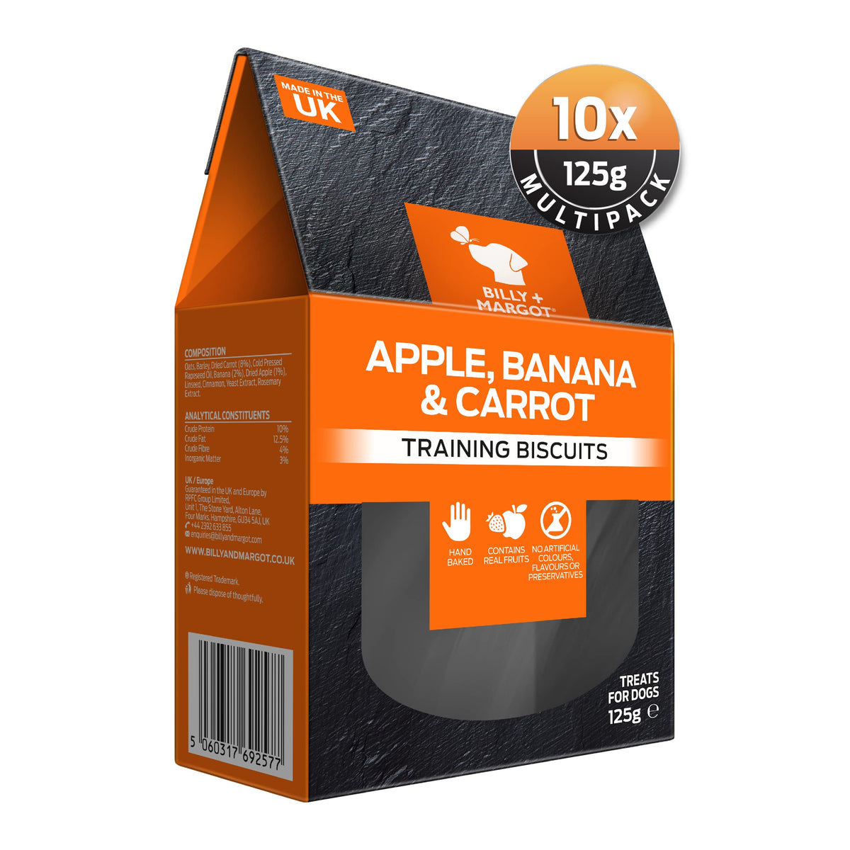 Billy + Margot All Natural Dog Treats Training Biscuits, Pack of 10 x 125g Boxes, Apple, Banana and Carrot Nutritious Training Biscuits for Puppies and Adult Dogs - Total Satisfaction Promise