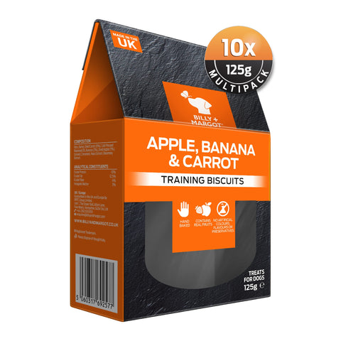 Billy + Margot All Natural Dog Treats Training Biscuits, Pack of 10 x 125g Boxes, Apple, Banana and Carrot Nutritious Training Biscuits for Puppies and Adult Dogs - Total Satisfaction Promise