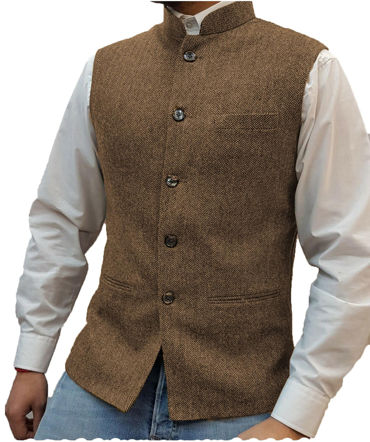 Tuikayoo Mens Herringbone Wool Vests Suit Business Tweed High Collar Waistcoats Slim Fit(Medium, Brown)