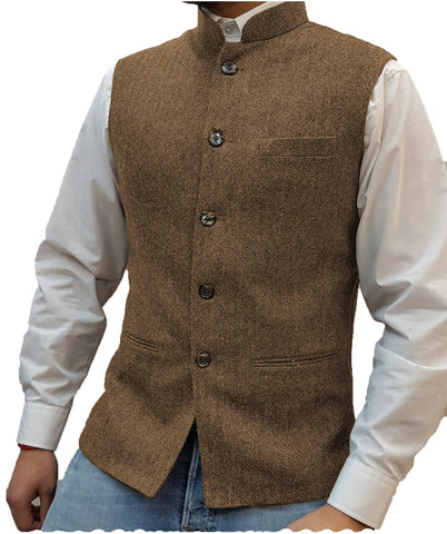 Tuikayoo Mens Herringbone Wool Vests Suit Business Tweed High Collar Waistcoats Slim Fit(Medium, Brown)