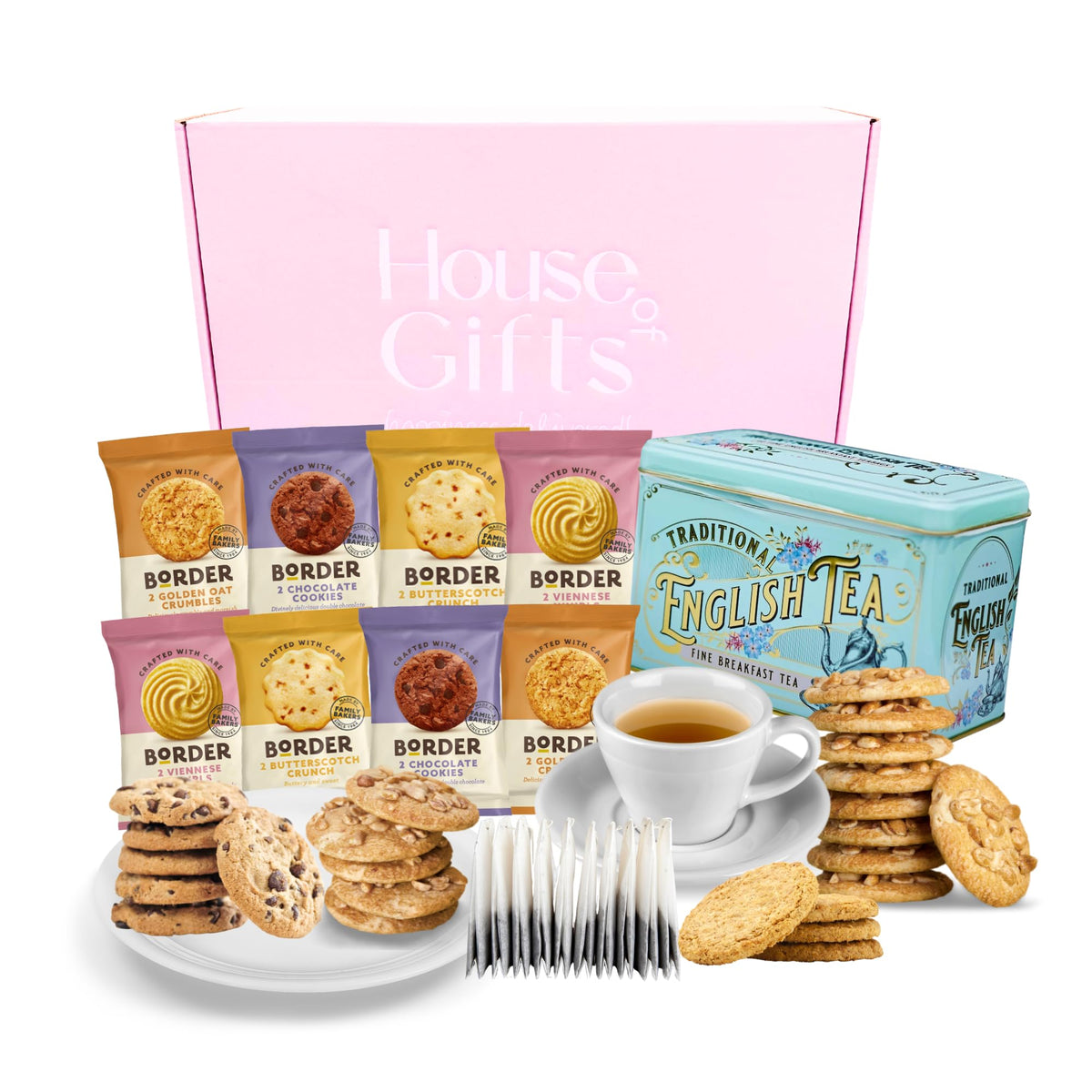 Border Biscuits Gift Set Breakfast Tea Hamper | Luxury Gifts For Women| Including 8 Packs of Border Biscuits & Tea Tin With 40 Tea bags