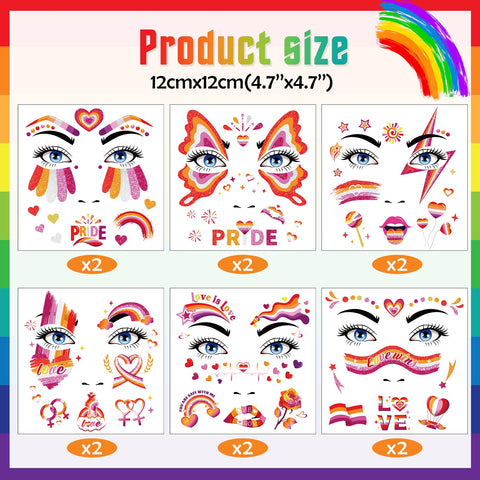 HOWAF 12pcs Girls Love Pride Glitter Face Tattoos, Gay Pride Temporary Tattoos for LGBTQ Parades Face Decor, Love Wins Face Painting Tattoos Stickers for Pride Month Parade Decor