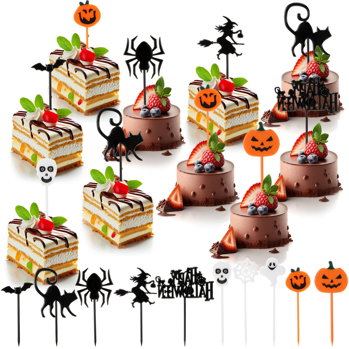 Tioncy 100 Pieces Halloween Picks Cupcake Toppers Food Toothpicks Plastic Cocktail Fruits Cakes Desserts Appetizer Picks Ghost Pumpkin Spiders Bats Skull Picks for Birthday Themed Party Favor Supplies