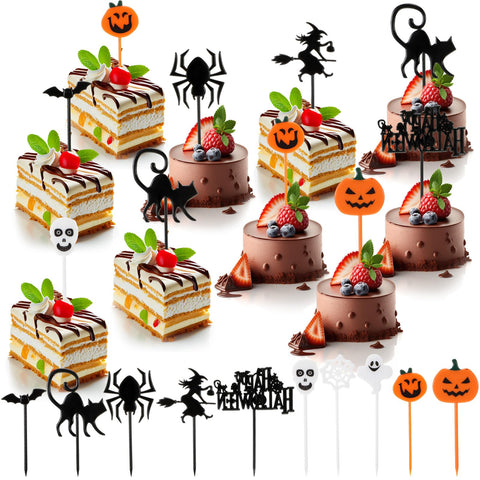 Tioncy 100 Pieces Halloween Picks Cupcake Toppers Food Toothpicks Plastic Cocktail Fruits Cakes Desserts Appetizer Picks Ghost Pumpkin Spiders Bats Skull Picks for Birthday Themed Party Favor Supplies