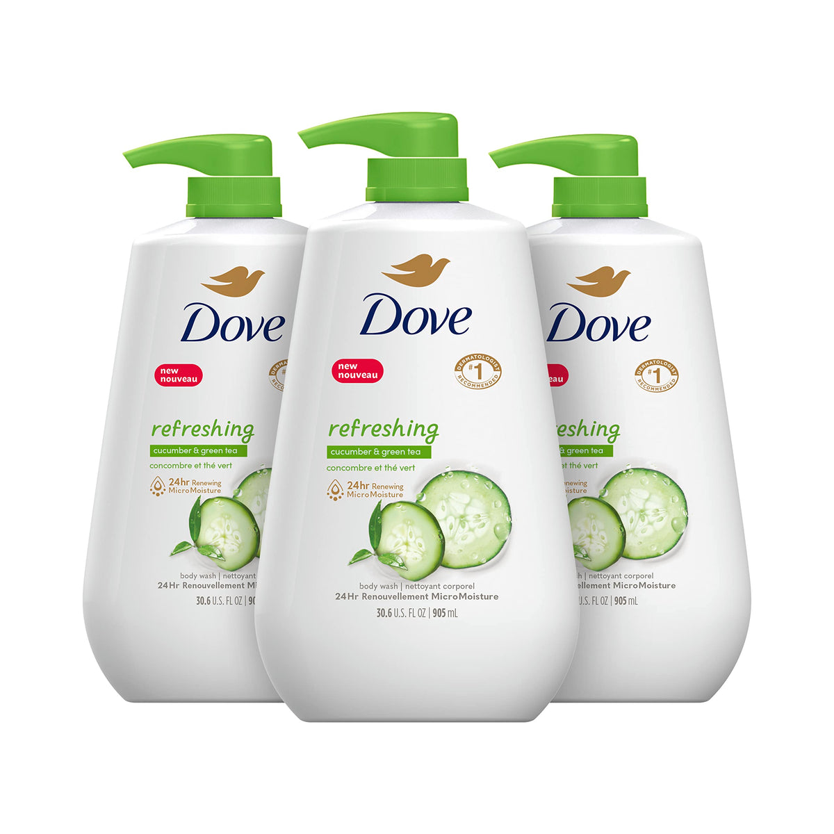 Dove Body Wash with Pump Refreshing Cucumber and Green Tea Refreshes Skin Cleanser That Effectively Washes Away Bacteria While Nourishing Your Skin 30.6 Fl oz(Pack of 3)