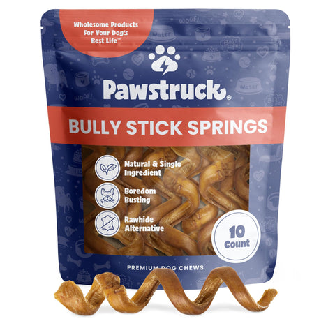 Bully Stick Springs for Dogs (Pack of 10) - Natural Bulk Dog Dental Treats & Healthy Chew, Best Thick Low-Odor Pizzle Stix Spirals, Free Range & Grass Fed Beef