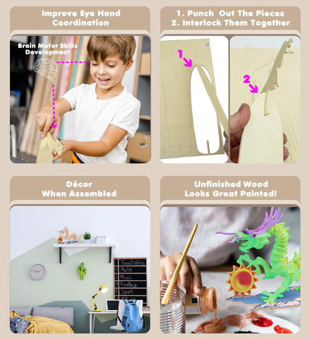 Puzzled 3D Puzzle Dragon Wood Craft Construction Model Kit, Fun Unique & Educational DIY Wooden Toy Assemble Model Unfinished Crafting Hobby Puzzle to Build & Paint for Decoration 62 Pieces Pack