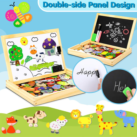 Jojoin Wooden Magnetic Puzzle - 110 PCS Magnetic Puzzle Board, Animal Pattern Games Double Sided Jigsaw, Educational Drawing Easel Blackboard Wood Toys for Boys Girls Kids Toddler 3+ Year Olds