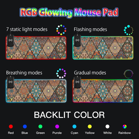 Boho Mandala Wireless Charging Mouse Pad for Mobile Phone Extra Large Gaming Mousepad with 13 Lighting Modes Computer Mat for Gaming MacBook PC Laptop Desk Home Office