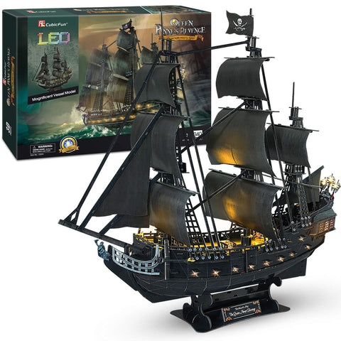 CubicFun 3D Puzzles Pirate Ship and Sailboat Vessel Black Pearl Highly Difficult Model Ship Kit Queen Anne's Revenge (Large with LED Lights) Building 3-d Puzzles Gifts for Adults and Kids, 340 Pieces