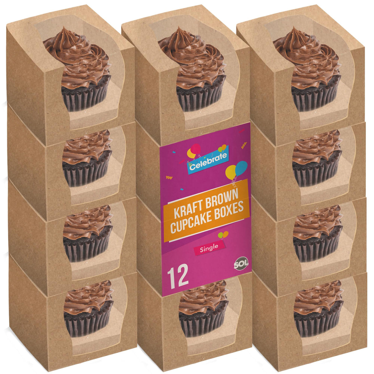 SOL 12pk Kraft Brown Cupcake Boxes - 9x9x9cm Single Cupcake Boxes with Clear Window - Durable Cardboard Boxes for Parties, Events, Gifting & Baking Presentation