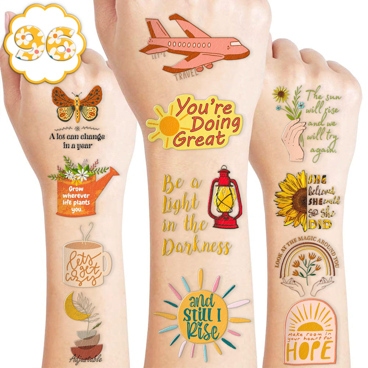 Generic Motivational Temporary Tattoos Quote Birthday Party Supplies Favors Decorations Super Cute 96PCS Fake Tattoos Stickers for Boys Girls School Classroom Rewards Gifts Ideal Halloween