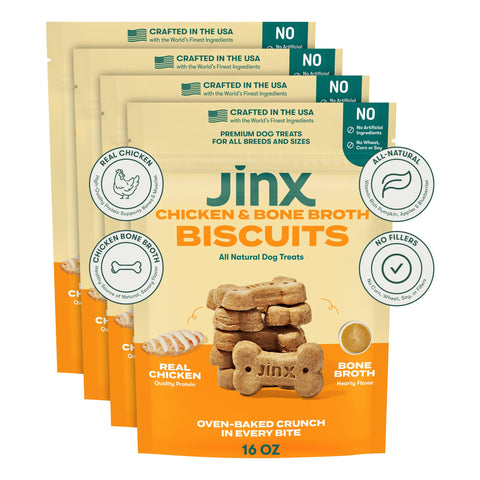 Jinx Chicken Bone Broth Biscuits Natural Crunchy Dry Dog Treats - Made with Oven-Baked Real Chicken & Bone Broth, for Puppies, Adult, and Senior Dogs, 4-Pack, 16 oz. Bag Value Pack