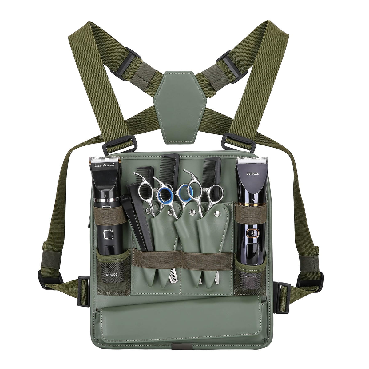 Muserise Leather Fashionable & Functional Chest Rig Bag for Barbers, Stylish Haircut Tools Storage Chest Bag for Barber, Olive, Modern