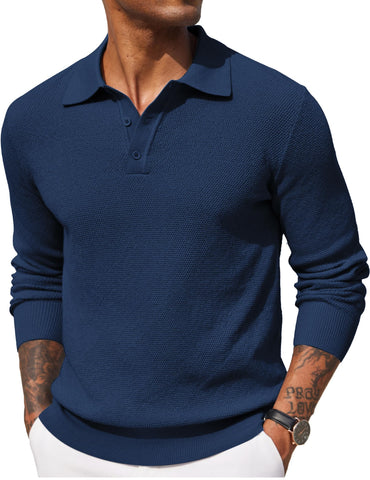 COOFANDY Mens Waffle Knit Polo Sweater Long Sleeve Collared Pullover Sweaters Polo Casual Lightweight Button Sweaters Blue