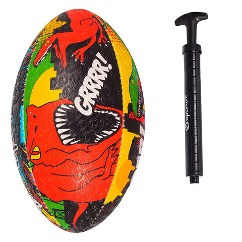 Optimum Rugby Ball - Balanced and Responsive for Accurate Handling and Kicking - Perfect for Training and Gameplay - 2-Ply 410g - Dino City - Size 3 - with Pump