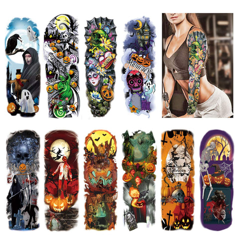 HOWAF Halloween Full Arm Temporary Tattoos, 10 Sheets Temporary Sleeve Tattoos, Nightmare Before Christmas Skull Pumpkin Ghost Fake Body Art Arm Tattoo Black Tattoo Stickers for Adults, Women, Men