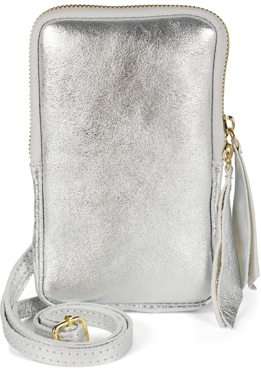 styleBREAKER Ladies Leather Cell Phone Shoulder Bag Soft Suede, Zipper, Genuine Leather Mini Bag 02012373, Colour:Silver